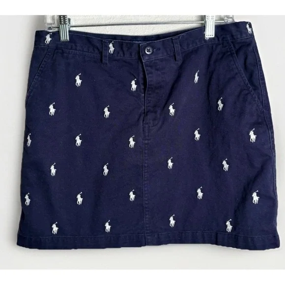 Polo Ralph Lauren Navy Blue All Over Embroidered Pony Logo Preppy Mini Skirt - Picture 3 of 8